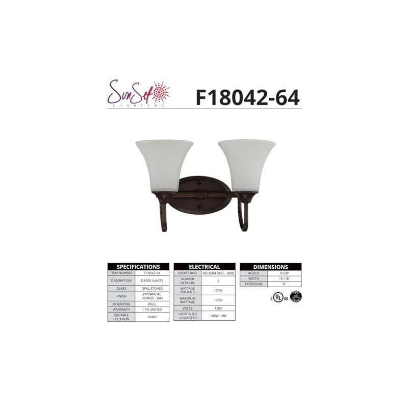 SUNSET Lighting 2-Light 100W Medium Base Darby Vanity Provincial Bronze