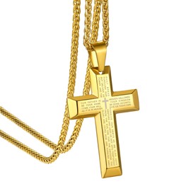 Gold Lord’s Prayer Necklace with English Cross, Bible Religious Jewellery For Men