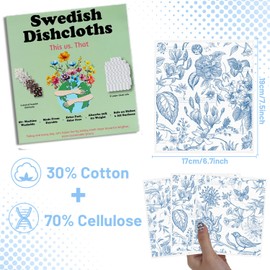 Deorfuy Reusable Swedish Dishcloths for Kitchen, 6PCS Blue Floral Cellulose Sponge Paper Towels Washable, Absorbent Fast Drying Swedish Dish Cloth for Home Cleaning