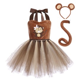 ABEHIK Girls Woodland Creatures Animal Cosplay Zoo Camping Themed Party Favors Supplies Carnival Fairy Fancy Dress Up Tutu Dress with Headband Tails Safari Costume Monkey 5-6 Years