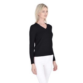 Cashmeren Women’s Essential Knit V-Neck Sweater 100% Merino Wool Long Sleeve Classic Pullover (Black, X-Large)