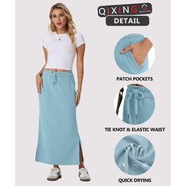 Qixing Casual Long Skirts Womens High Waist Trendy Summer Drawstring Skirts with Pockets