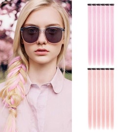 SJBAUTYO Pack of 12 Pink Hair Extensions, Highlights, 21 Inch Straight Long Hairpieces, Hair Strands for Clip-in, Pink Clip-In Hair Extensions, Colourful, for Children, Pink