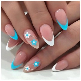 Press on Nails Short Almond Fake Nails with Fresh Simple blue&white flowers Design Glue on Nails Acrylic Nails Decorate False Nails with Glue French Oval Stick on Nails For Women Girls 24Pcs