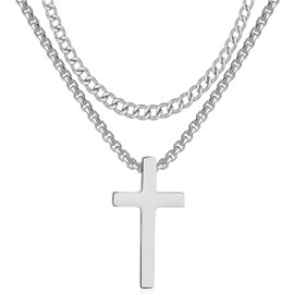 RWQIAN Cross Necklace For Men,Mens Cross Necklaces Silver Big Stainless Steel Layered Cuban Link Cross Chain For Men |18 Inch,Simple Religious Christian Cross Pendant Jewelry for Boys Gifts