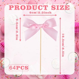 64 Pcs Pink Bow Cupcake Toppers, Bow Themed Party Decorations, Coquette Glitter Birthday Decorations for Bridal Shower