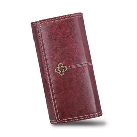 AdiStylinno Woman’s Wallet, Long Vintage Oiled Leather Large Capacity Flower Clutch Bag (Red)