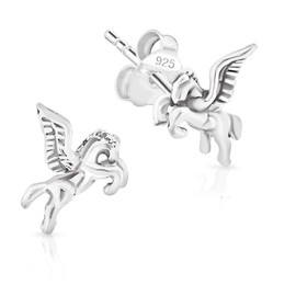 DTPsilver® SMALL 925 Sterling Silver Studs Earrings - Pegasus Stallion Horse - Dimension: 7 x 8 mm
