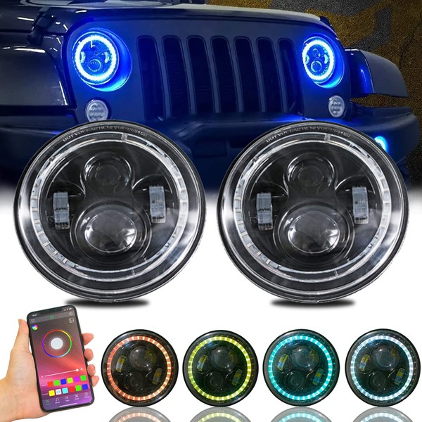 DEAL AUTO ELECTRIC PARTS 2x 7" 60W Bluetooth Controlled Round RGB Halo Ring LED Headlights Compatible With For Any Models With 6012/6014 / 6015 / H6017 / H6024 Round Sealed Beam Headlights