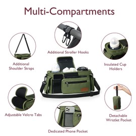 Momcozy Universal Baby Stroller Organizer, 2 Insulated Cup Holder, Detachable Zippered Pocket, Adjustable Shoulder Strap, Large capacity for baby essentials, Compact Design Fits Any Strollers