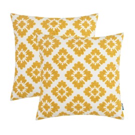 HWY 50 Mustard Yellow Decorative Throw Pillow Covers 18x18 Inch, Pack of 2 Embroidered Cotton Farmhouse Cushion Cover Pillow Case for Sofa Couch Living Room Bed Bedroon, Geometric Diamond Floral