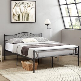 VECELO Metal Platform Bed Frame with Headboard & Footboard, Steel Slats Mattress Foundation, No Box Spring Needed, Queen, Matte Black