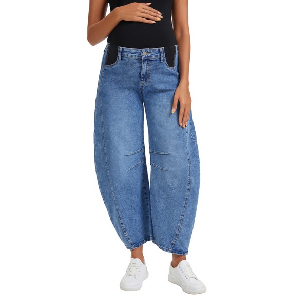 OVRUNS Women's Maternity Baggy Jeans Stretch Barrel Jeans Side Panel