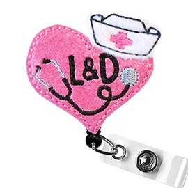 Labor & Delivery Stethoscope Heart Badge Reel, NICU Nurse Badge Holder, L&D Retractable Badge Reel, Pediatric Nurse Felt Valentine Glitter Heart Badge