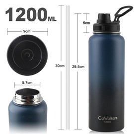 Termo de Acero Inoxidable para Agua Fría y 2 Tapas - Botella Térmica Metálica con Doble Pared para Mantener el Frío Gimnasio, Deportes y Oficina (Azul-Negro, 1180ml/40Oz)