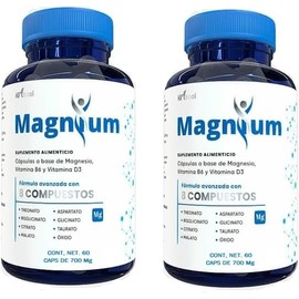 60 Capsulas, 8 Compuestos de Magnesio Premium, (Treonato, Aspartato, Bisglicinato, Citrato, Glicinato, Taurato, Malato, Óxido) 2 pack