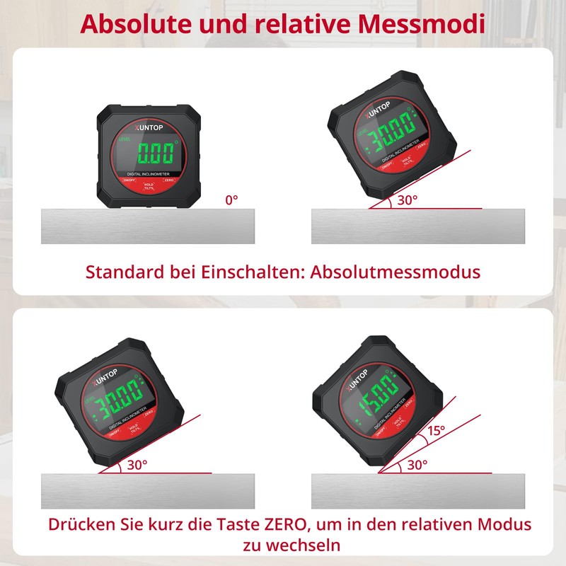 XUNTOP Inclinometer Digital Protractor Inclinometer Measuring Range 4 x 90°,