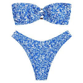 ZAFUL - Traje de baño de dos piezas para mujer con anillo o sin tirantes, con lazo en la espalda, corte alto, 5-floral azul, M