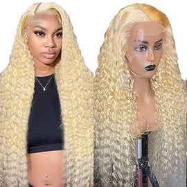 Hxxcoup Women's Real Hair Wig, Blonde, 13 x 4 Lace Wig, Human Hair Wig, Curly Wave Wig, Blonde Hair Wigs for Unprocessed Brazilian Remy Hair, Transparent Swiss Lace, 22 Inches (56 cm)