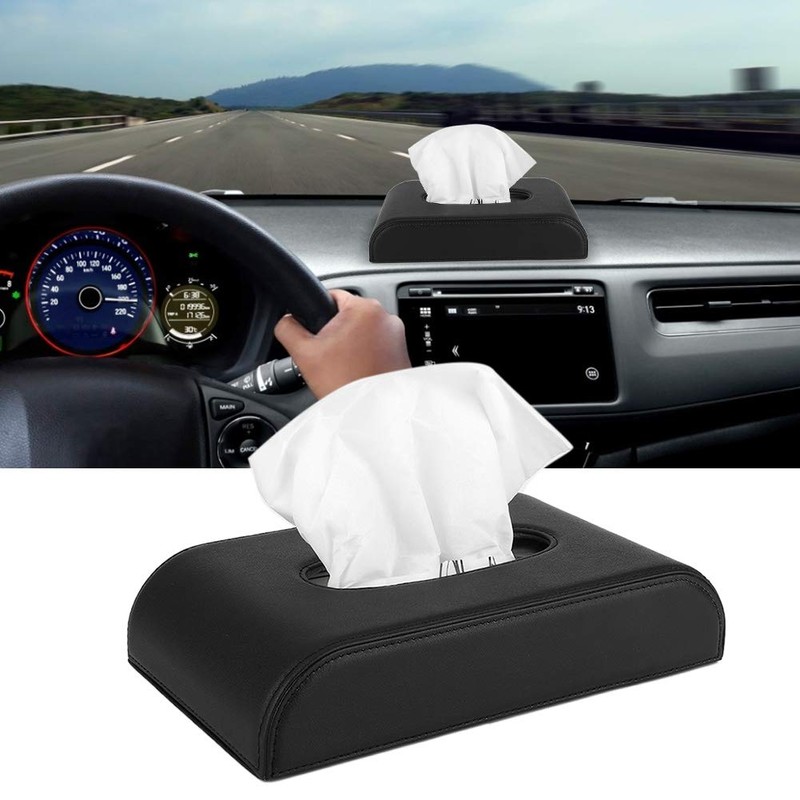 PU Leather Car Napkin Box Universal Hanging Black Auto Tissue