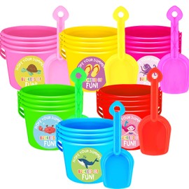 Hollowfly 24 Pcs End of Year Gifts for Students Plastic Sand Bucket and Beach Shovels Set for Students Summer Party Favors with Ocean Stickers for Party Favors Toddler Beach Party Supplies