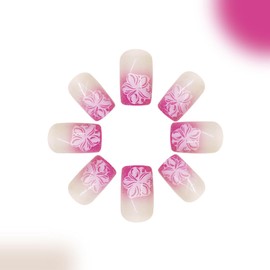 Medium Press on Nails Square Fake Nails with Glitter Flower Designs Pink Gradient Nails Press ons Glossy Glue on Nails Nude Acrylic Nails Spring False Nails Artificial Stick on Nails for Women 24Pcs