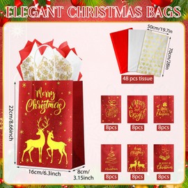 Christmas Gift Bags 48 Pcs, Red Glitter Christmas Bags for Gifts with Tissue Paper, 6 Styles Red and Gold Foil Paper Goodie Bags with Handles, Bulk Xmas Holiday Reusable Party Favor Treat Gift Bags