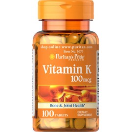 Puritan's Pride Premium Vitamin K 100mcg, Dietary Supplement for Bone, Joint, and Blood Clotting Health Support, 100 Day Supply, 100 Tablets