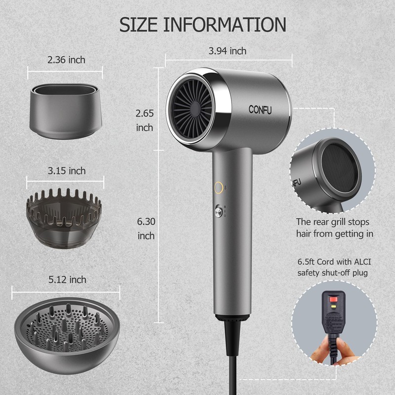 CONFU Diffuser Hair Blow Dryer - Plasma Ionic Professional 1600