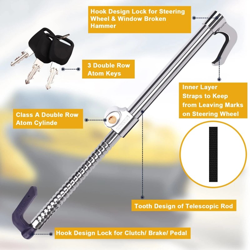Tevlaphee Universal Steering Wheel Brake Lock Anti-Theft Retractable Double H...