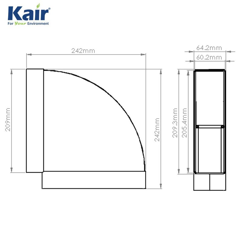 Kair 90 Degree Horizontal Elbow Bend 204mm x 60mm -