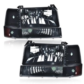 LQI Headlights Assembly w/Corner Signal Lamp & Bumper Lamps Compatible with 1992-1996 Ford F150 Bronco/Fit 1992-1997 Ford F250 F350 Smoke lens Black Housing Amber Reflector
