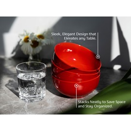 KooK Soup Bowls, Cereal Bowl, Ceramic, Bowls for Kitchen, Microwave, Dishwasher and Freezer Safe, Porcelain Dishes for Pasta, Salad, Oatmeal, Deep Interior, 20 oz, Set of 6, (Red)