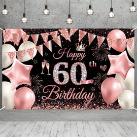 180 * 110cm Happy 60th Birthday Banner Women Men,Black Rose 60th Birthday Decorations Backdrop Fabric 60th Birthday Sign Poster Birthday Photo Background for Her Him 60 Birthday Anniversary Party