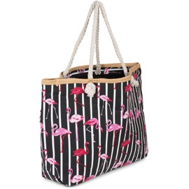 styleBREAKER XXL Beach Bag with Flamingo Print and Zip, Shoulder Bag, Shopping Bag, Women 02012252, Colour:Black-White