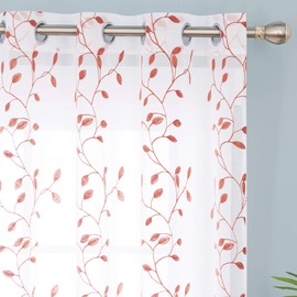 Deconovo Eyelet Faux Orange Net Curtains Embroidery Leaves Voile Curtains Super Soft Semi Sheer Curtains 55 x 54 Drop Inch Orange 1 Pair