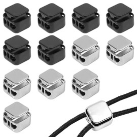 Gosknor 12pcs Heavy Duty Cord Locks, Double Hole Metal Press Cord Locks Pull Cord Stop Fastener Drawstring Stopper Draw String Clip for Lanyard Paracord Pants Shoelaces Drawstrings (Black, Silver)