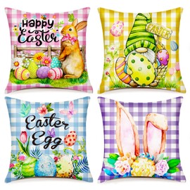 4Pcs/Set Easter Pillow Covers 18x18 inch Watercolor Happy Easter Throw Pillow Covers Buffalo Plaid Gnome Bunny Flower Eggs Cushion Pillow Cases for Spring Easter Home Office Couch Bed Decoration
