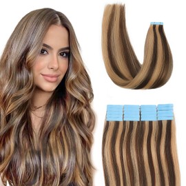 Tape-In Extensions, Real Hair Tape-In Extensions, Real Hair, 40 cm, 40 g, Remy Hair Extensions, Real Hair, Invisible Silky Straight, Skin Weft, 20 Pieces, Medium Brown with Honey Blonde #4/27