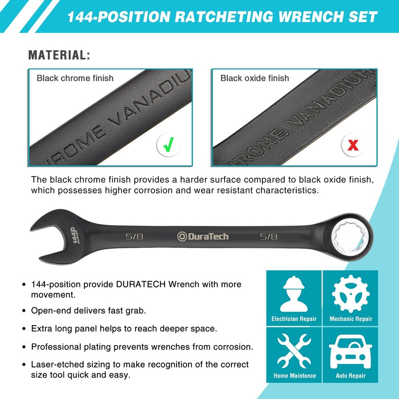 DURATECH Ratcheting Combination Wrench Set, 144-P, Double-Stacked Pawls, 8-Piece, SAE,