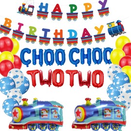 SKIRUP Choo Choo Due Decorazioni per feste per ragazzi di 2 anni, Forniture per feste di compleanno a tema treno, striscione treno di buon compleanno, palloncini in lattice nuvola, palloncini in