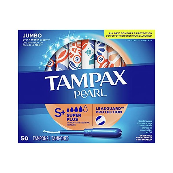Tampax Pearl Tampons Super Plus Absorbency with BPA-Free Plastic Applicator and LeakGuard Braid, Unscented, 50 Count, (Pack of 4, 200 Total Count)