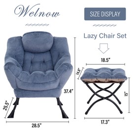 Welnow Lazy Chair with Ottoman, Modern Lounge Accent Chair with Armrests and a Side Pocket, Leisure Upholstered Sofa Chair Set, Reading Chair with Footrest for Small Space, Plush Light Blue