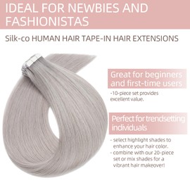 Silk-co Tape in Hair Extensions Silky Soft 18inch Real Remy Hair Invisible Glue Straight Human Hair Extension Tape in Skin Weft 10 Pcs # Grey