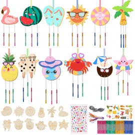 Wind Chime Kits for Kids, 12-Pack Summer Wooden Wind Chime Craft Set, Hawaii DIY Windchime Set for Pre-School Nursery Beach Parties, Art Project, Rewards, Swimming Pool Party Decoration