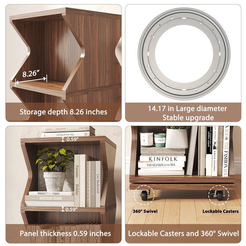 HSH Rotating Bookshelf Tower, 360°Revolving Bookcase with Wheels, Walnut