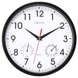 Vigorwise Wall Clock, Sweep Silent Movement Accurate Clocks with Temperature & Humidity, Decorative for Kitchen/Living Room/Bedroom/Office/School/Classroom (Black, 10 inch)