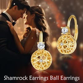 POPLYKE Gold Ball Earrings Women's Clover Earrings 925 Sterling Silver Leverback Earrings Shamrock Earrings Gifts, 2017, Cubic Zirconia