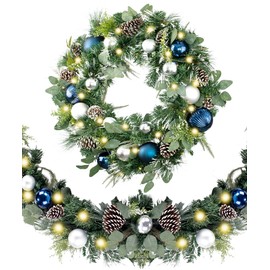 WANNA-CUL Pre-Lit 9 Feet/108 Inch Christmas Garland with Lights for Front Door Silver Blue Lighted Christmas Mantel Garland Decoration with Ball Ornaments, Pine Cones, Battery Operated 50 LED