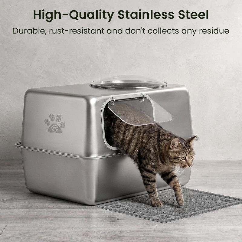 Large Enclosed Stainless Steel Cat Litter Box with Mat &